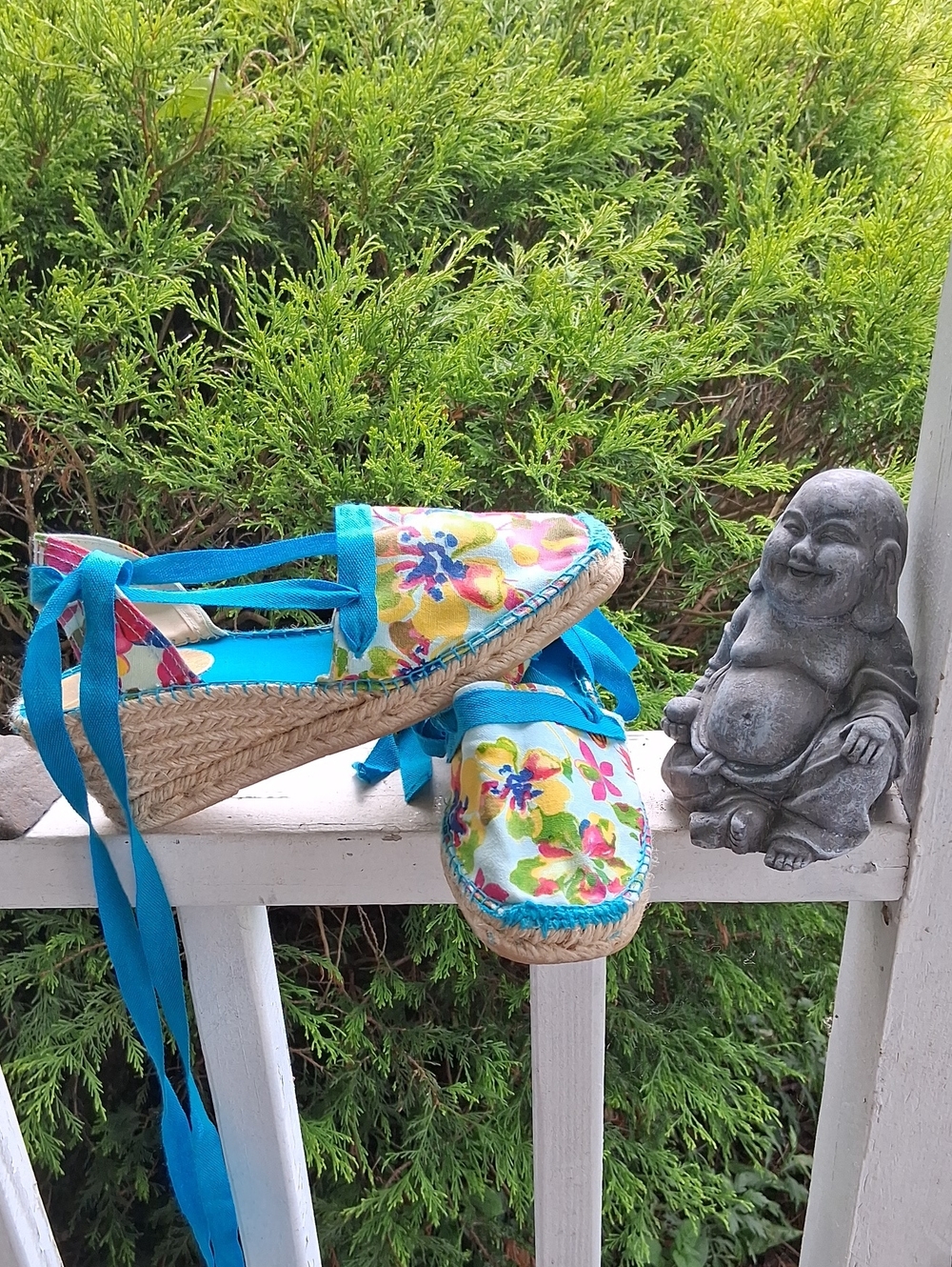 Anne Klein Floral Espadrille Sandals with Bright Blue Ties